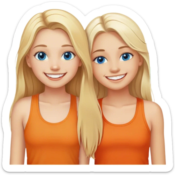 Two girls both have long blonde hair standing cheek to cheek on a beach with one girl wearing an orange shirt and the second girl wearing a tank top both have bright white teeth and smiling both have beautiful blue colored eyes sticker