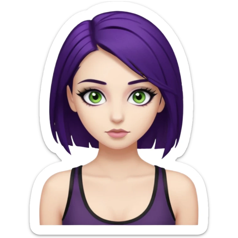 alternative girl with dark purple hair and big eyelashes, beautiful makeup and greenish grey eyes, straight eyebrows & wearing a low cut black tank top sticker