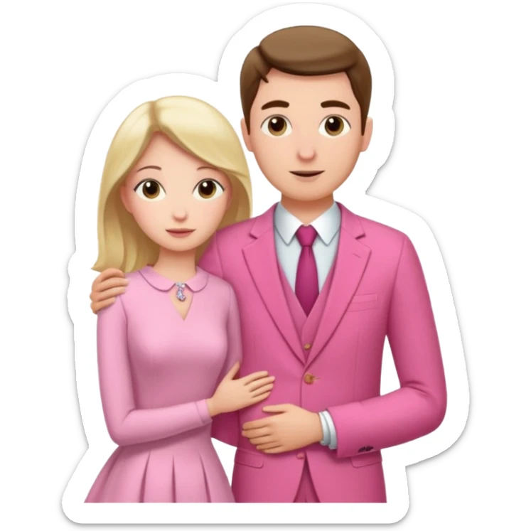 Two lovers, one female one male, male three inches taller, girl in pink dress, man in pink suit, both holding each other in a warm embrace  sticker