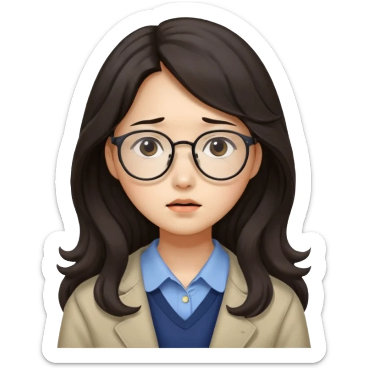  Korean female college student with a worried face , long wavy hair  sticker