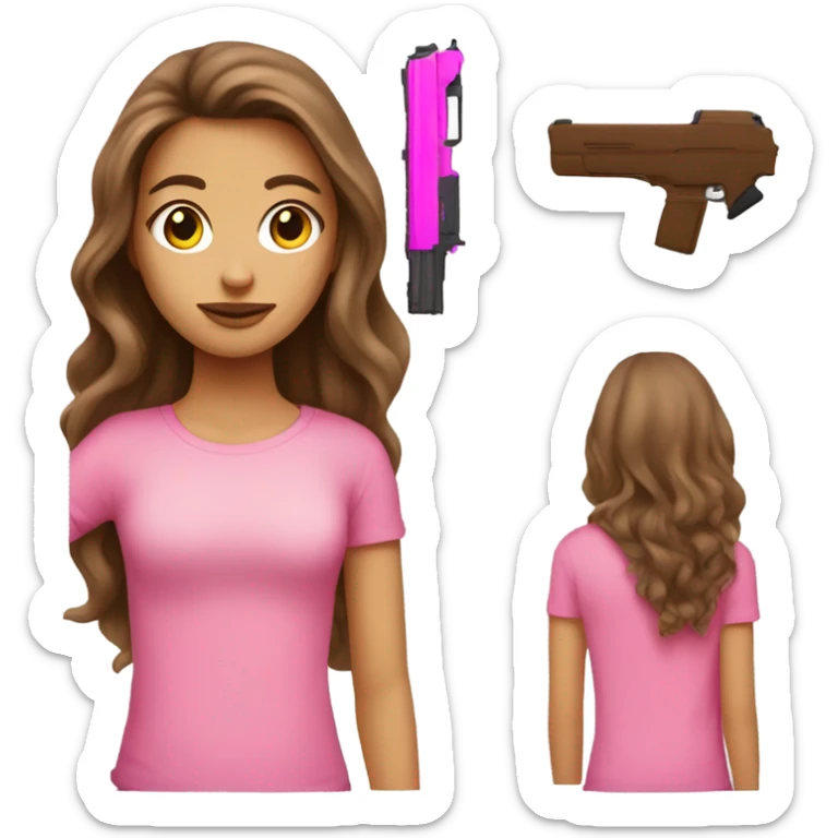Beautiful brown long haired and fair skined  girl wearing pink top and holding a pink gun sticker