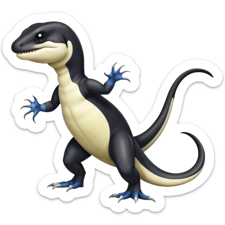 Black and white Orca-reptile-reptilian-lizard-skink-gecko-Digimon-Fakémon-hybrid full body, two legs, two arms, claws, tail sticker