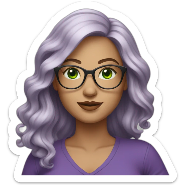 curvy-woman-white, purple-long-wavy-hair, green-eyes-square-glasses sticker