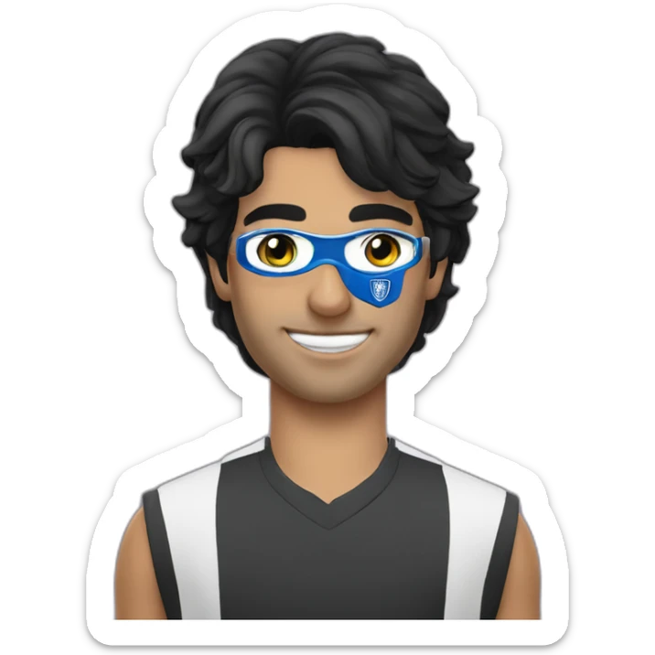 A man with gray eyes, black hair, wearing an eye mask and a Al Hilal Club T-shirt  sticker