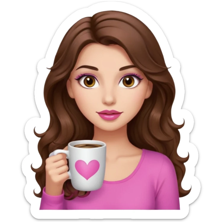 girl with long wavy brown hair, brown eyes, long lashes, makeup ,sexy pink lips, light to medium complexion, pink sexy top, with a coffee mug sticker