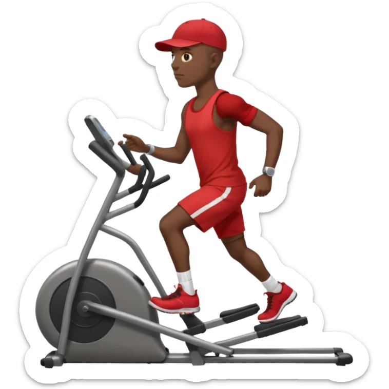dark skin bald African American man on elliptical machine with red tank shirt and black shorts and backwards facing baseball hatcap sticker