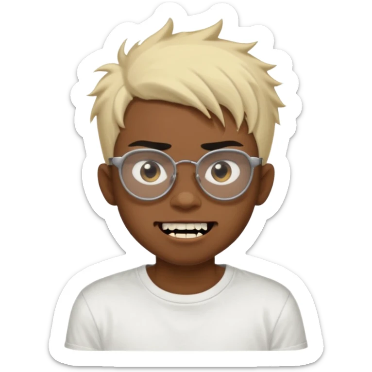 Black Male Teenager with Short punk messy blonde hair, Dark brown bushy eyebrows large expressive golden-brown eyes, wearing a plain white t-shirt, wearing thick black glasses, Dark Brown skin color. Showing off his singular vampire tooth sticker