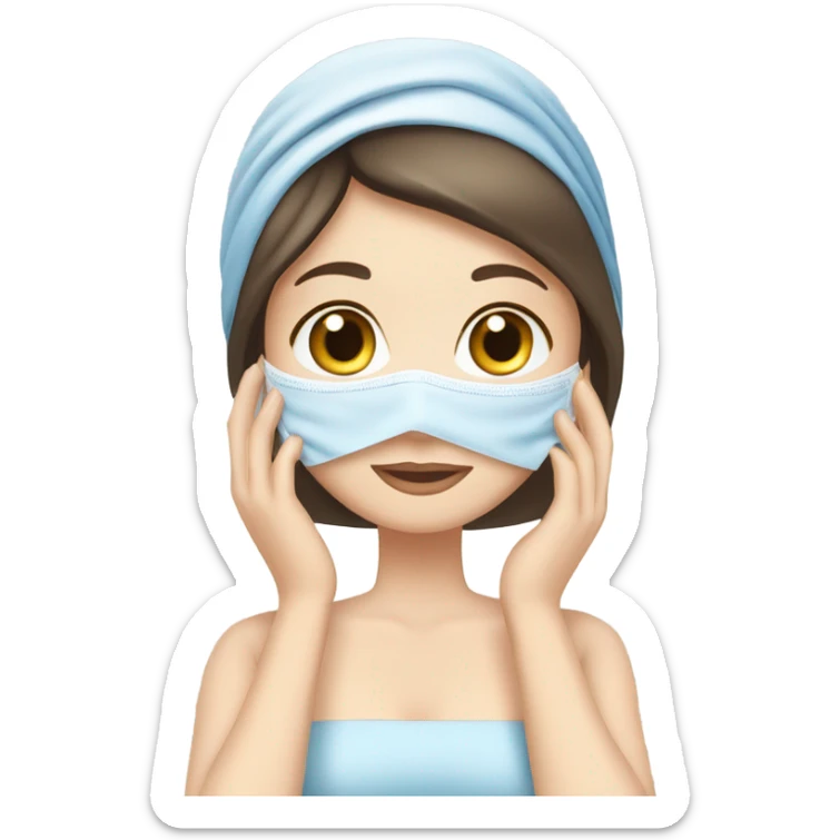 The white-skinned, blue-eyed, brunette-haired girl is making a mask on her face with a towel on her head. sticker