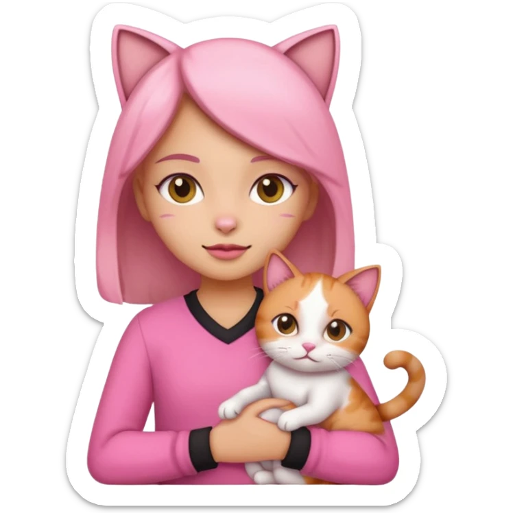 a girl dressed in pink holding a calico cat, emoji style, icon sticker