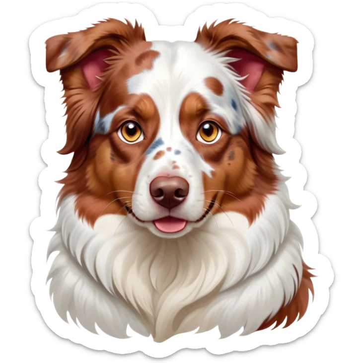 Cinematic Noble Predominantly White Red Merle Australian Shepherd Portrait Emoji, Poised and regal, with a strong, agile build and a stunning predominantly white coat with splashes of red merle, piercing blue eyes, Simplified yet sharp and sophisticated features, highly detailed, glowing with a soft, dignified glow, high shine, intelligent and loyal, stylized with an air of elegance, focused and attentive, soft glowing outline, capturing the essence of a watchful and confident herder, so majestic it feels as though it could step out of the screen with effortless authority! sticker