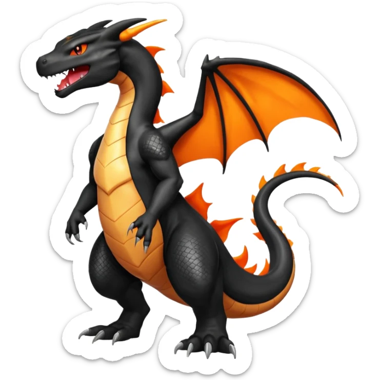 Shiny Black Koraidon-Charizard-Salandit-Fakémon-hybrid-creature (full body) with orange belly sticker