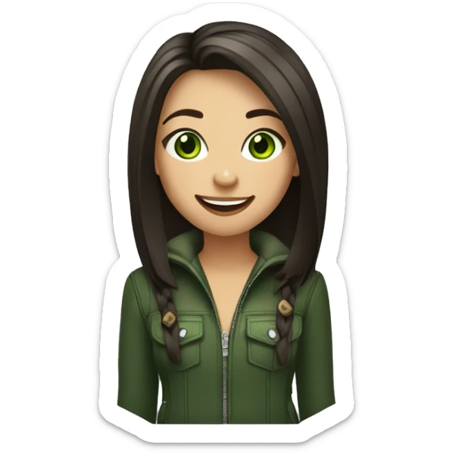 A stylish hooligan girl with dark shoulder-length straight hair and green eyes laughs sticker