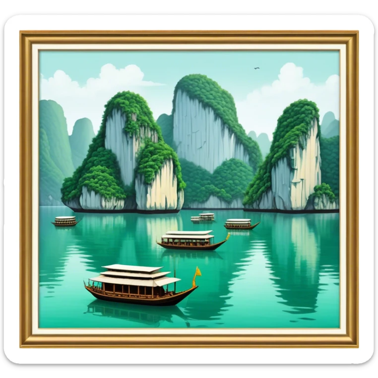 Cinematic Realistic Ha Long Bay Landscape Emoji, depicted with limestone karsts emerging from emerald waters rendered with intricate detail and dynamic natural lighting. sticker