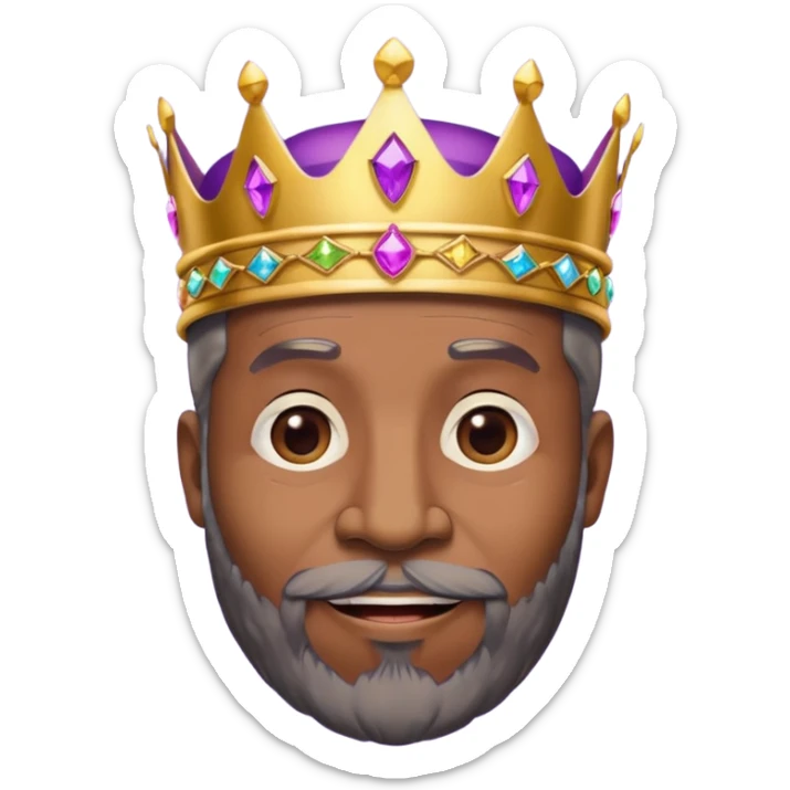 Create a cartoon-style emoji of Baltasar, one of the Three Wise Men. Only show his face and crown. He is older, with a black beard, joyful wrinkles, and a purple and gold jeweled crown. Express warmth and wisdom. Colorful and simple, suitable as an emoji. sticker