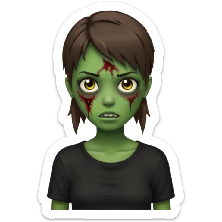Zombie girl emoji verde com cabelo curto liso castanho no ombro com uma blusa preta sticker