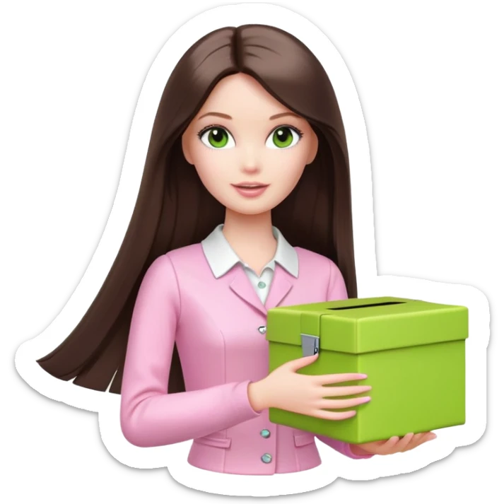 A white Barbie girl with long dark brown straight hair in pale pink clothes holds bright green box sticker