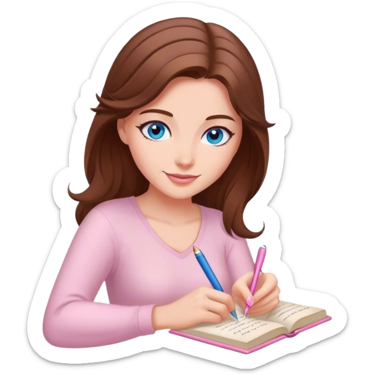 female writer happy, brown hair and blue eyes writing a light pink romance novel sticker