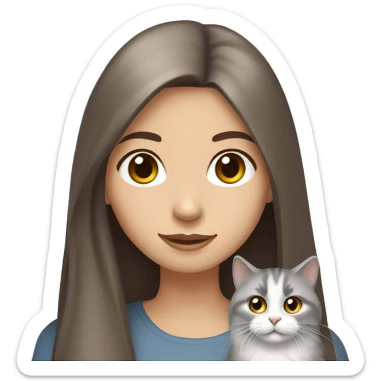Brown straight hair girl with gray eyes holding fluffy Siberian gray cat  sticker