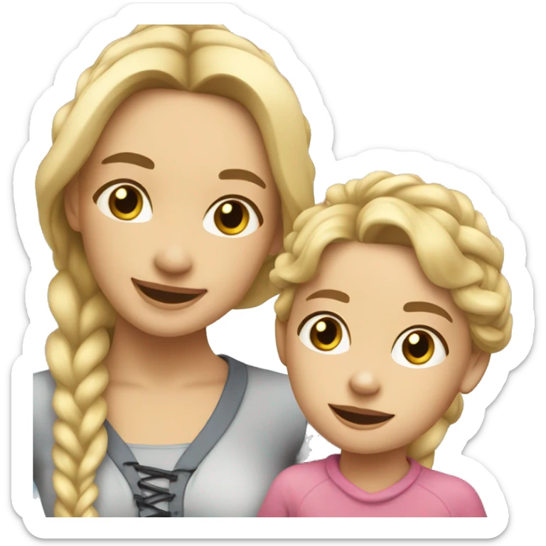 An emoji of a blonde mother with long hair, standing next to her 3-year-old daughter with black braided hair, both smiling sticker