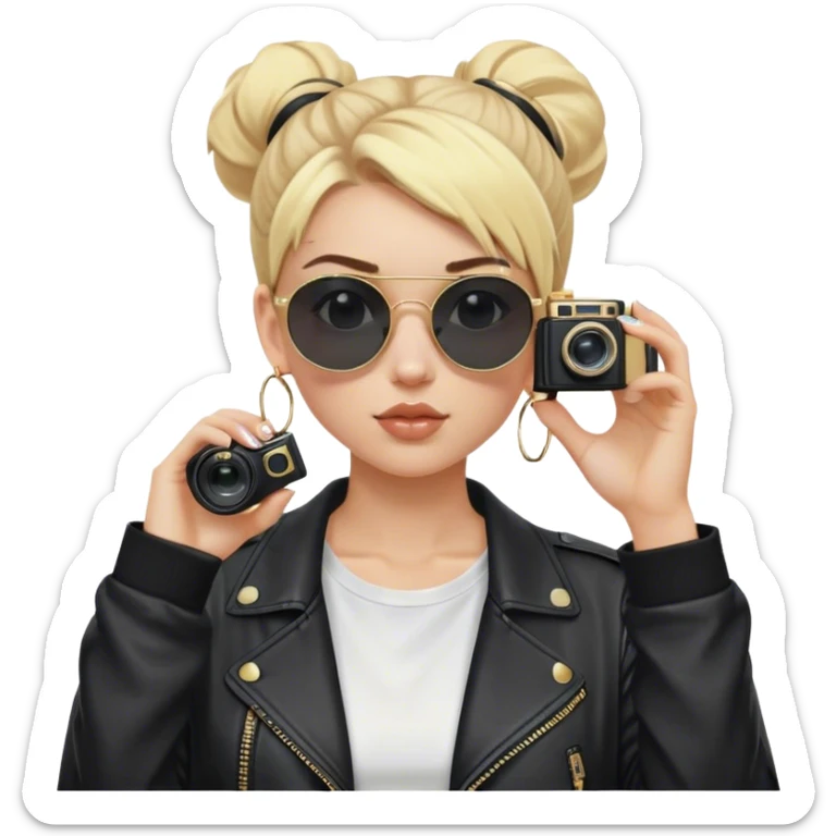Blonde white girl with film camera wearing blackout sunglasses where you can’t see her eyes with a high bun. She’s wearing a white t shirt and a black baggy leather jacket. Give her only one camera that she has up to her eye taking a picture. Also give her small gold hoop earrings sticker