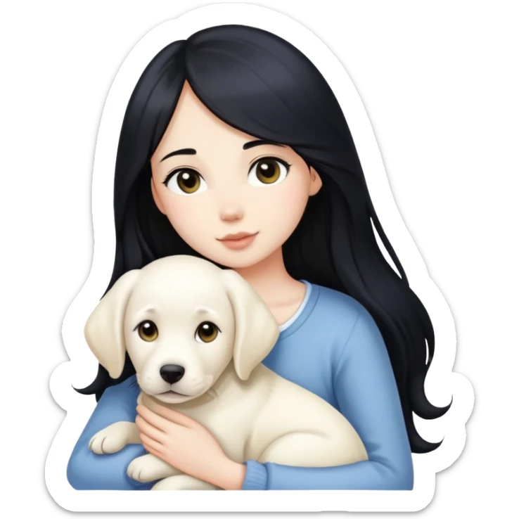 A beautiful girl with long black hair and fair skin is holding a white Labrador sticker