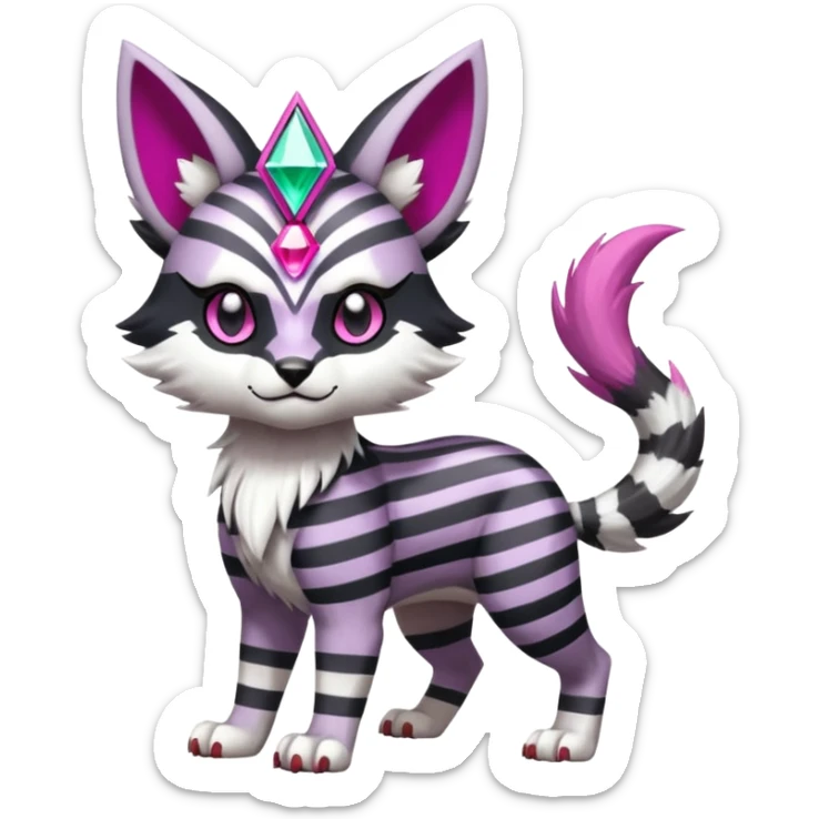 Black and white-striped Colorful Skilled Adept Graceful Asian Painted WereGarurumon-Meloetta-Obstagoon-Furret-fusion-hybrid-creature (full body) with a magenta triangular gem on the forehead, tufted lynx ears sticker