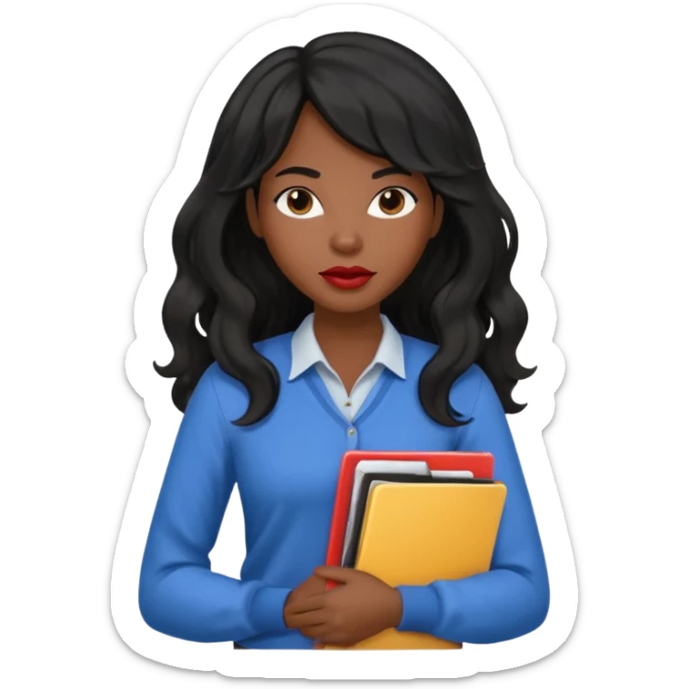 A young woman with long black hair, a wavy frange falling on half of her head. There's a long wavy stretch of hair falling on the side of her head. She's black, medium to dark skinned with thick lips. She's holding folders, and she's a CEO, but she's wearing casual clothes. sticker