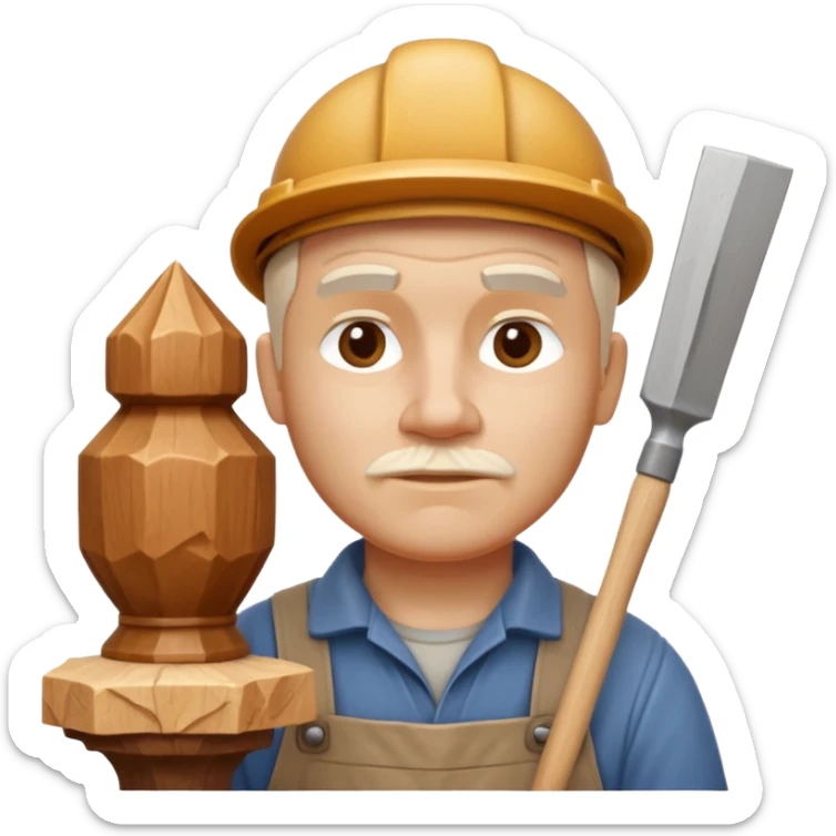 wood carving carpenter portrait, head and shoulders only, carving wooden figure with chisel, wood shavings visible, focused craftsman expression, artisan workshop vibe, 3D cartoon style, mobile game icon style, clean background, no text, no watermark
 sticker