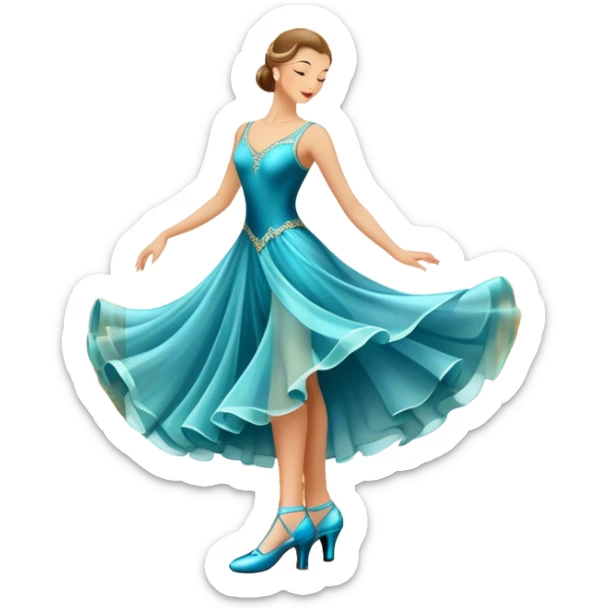  Icon for Ballroom Dance: elegant dance shoes, a flowing ballroom dress and a dance floor with soft lighting. The icon should capture the grace, elegance, and style of ballroom dancing. Transparent background. sticker