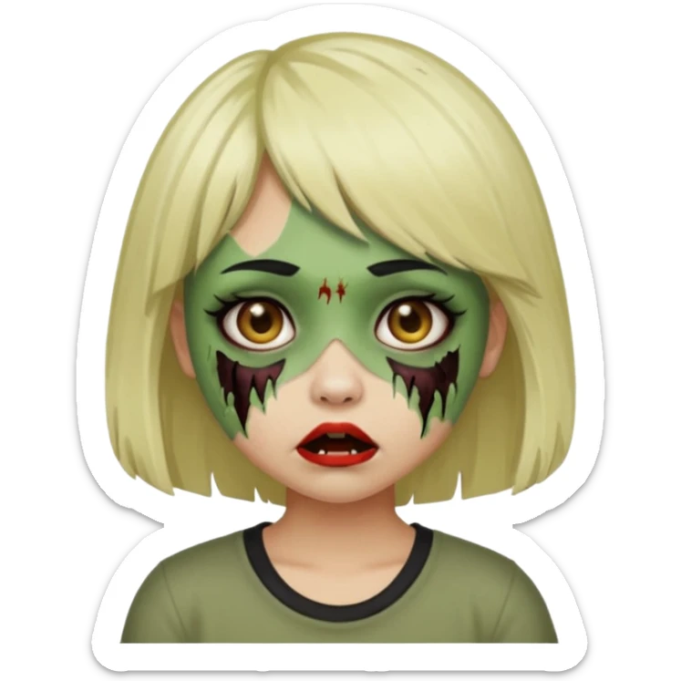 Girl with black hair and raccoon blonde streaks, bangs, light skin, zombie version, pale green skin, emoji style. sticker