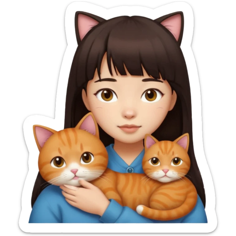 asian girl with black brown hair with bangs snuggle ginger cat emoji sticker