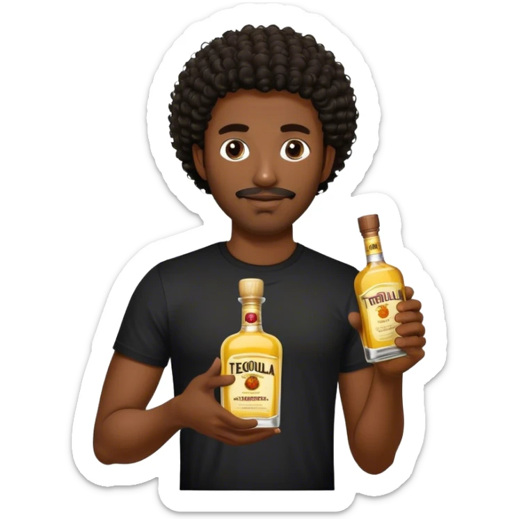 dark black guy, short curly hair, facial hair, holding tequila, black shirt  sticker