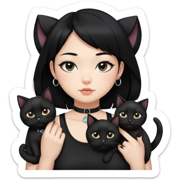 Asian girl, black hair.  Holding two BLACK cats with one cat has a round fat face. Both pure black.  The girl also wearing a black singlet, a black chocker, silver round hook earring, and wearing eyeliner.  sticker