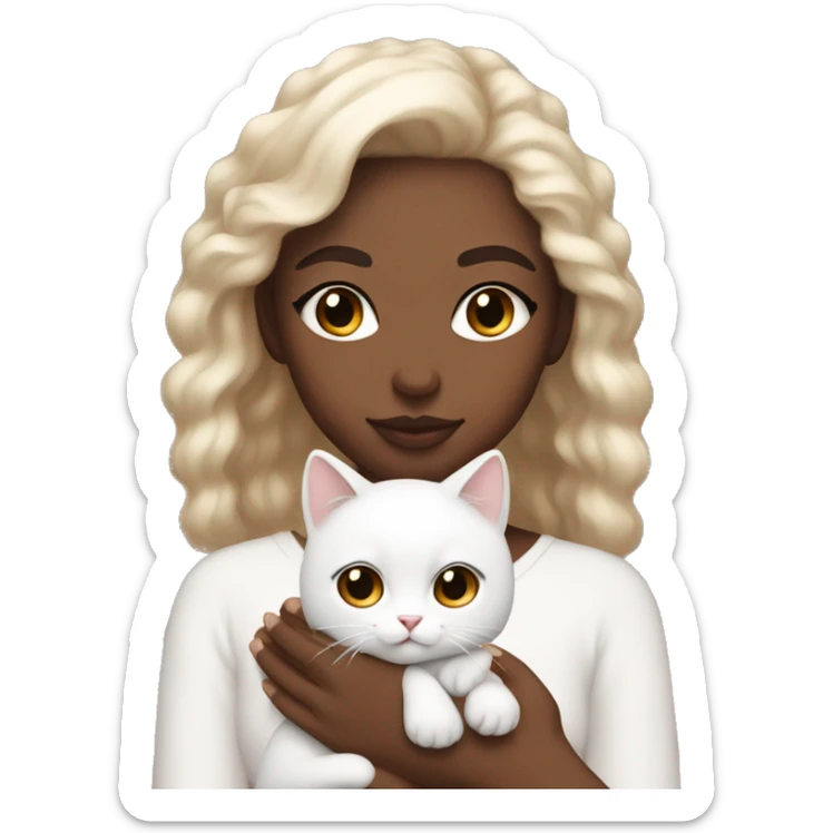 Emoji girl with light skin, beautiful makeup, brown eyes, holding a white fluffy cat sticker