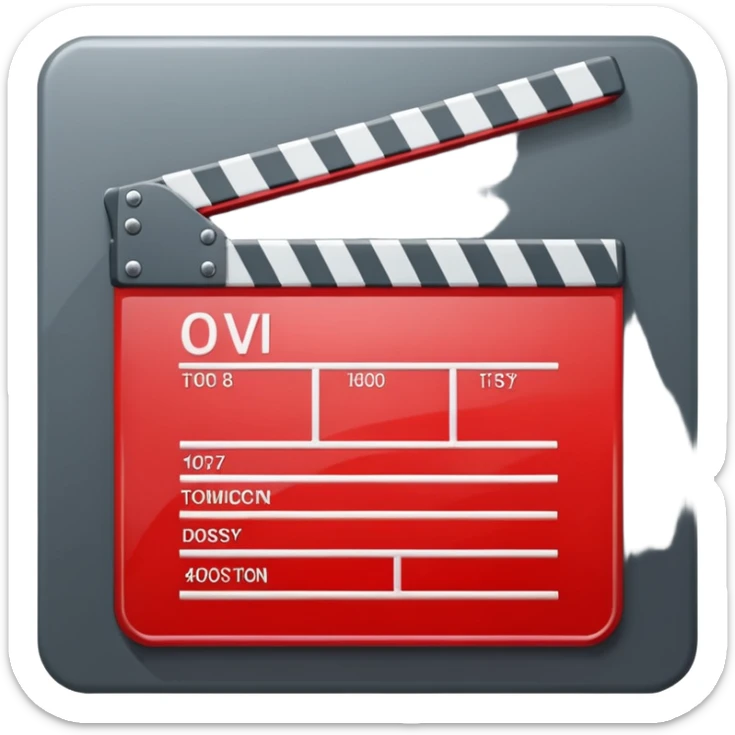 Glossy bright red clapperboard in the classic style of Apple icons: the top bar is tilted up-left, the body and bar with a deep glossy glare, dark gray edging, black background inside, perfectly square with rounded corners. sticker