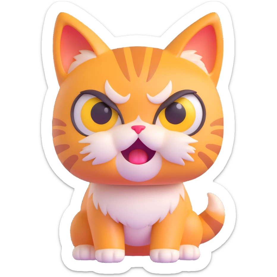 cute angry cat, 3D emoji style, shiny fur, big eyes, angry look, slightly plastic sticker