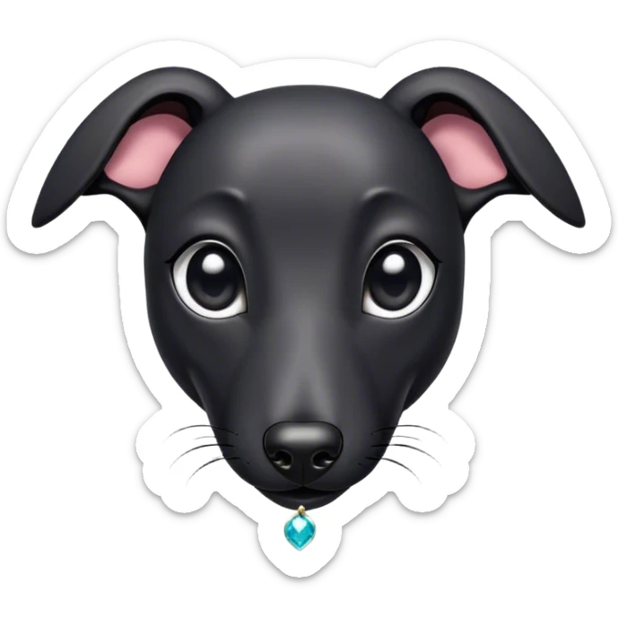 Cinematic Cute Black Greyhound Portrait Emoji, Head tilted playfully and inquisitively, featuring a smooth, shiny jet-black Fur and round, sparkling dark eyes filled with curiosity, Simplified yet irresistibly adorable features, highly detailed, glowing with a warm, friendly glow, high shine, affectionate and agile, stylized with a touch of whimsy, bright and endearing, soft glowing outline, capturing the essence of a mischievous yet loving racer, so playful it feels like it could dash out of the screen and into your arms! sticker