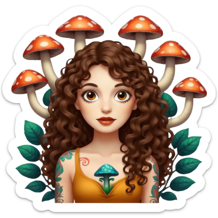 woman with long curly brown hair, brown eyes, white skin, tattoos, psychedelic mushrooms growing from her shadow sticker