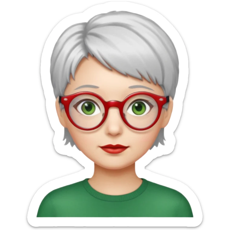 visage femme a lunettes fine ronde rouge avec cheveux courts gris-blancs aux yeux verts sticker