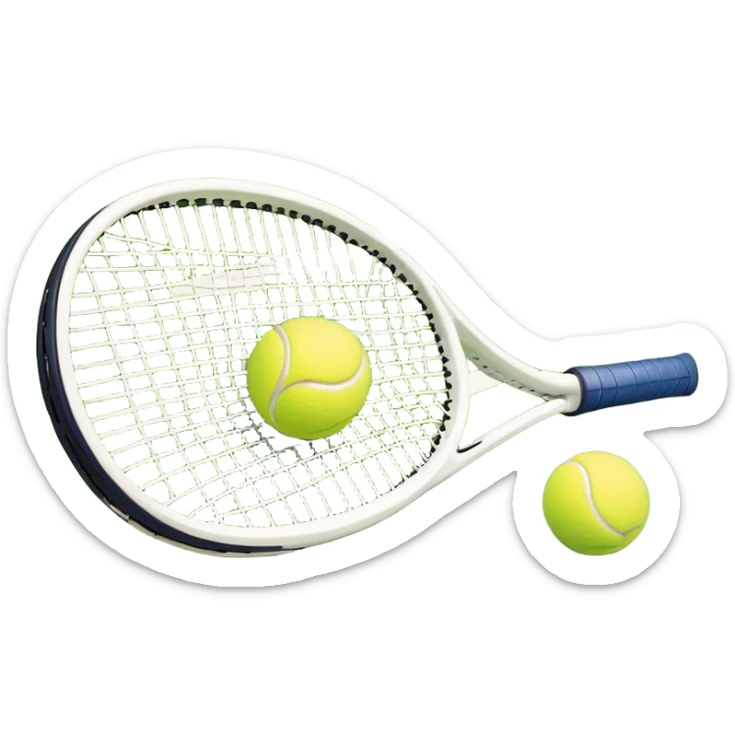 A tennis racket resting on the green grass of a tennis court, with a tennis ball placed nearby and the net stretching across the court. The background captures the fresh, open atmosphere of a traditional grass court, emphasizing the elegance and precision of the sport. sticker
