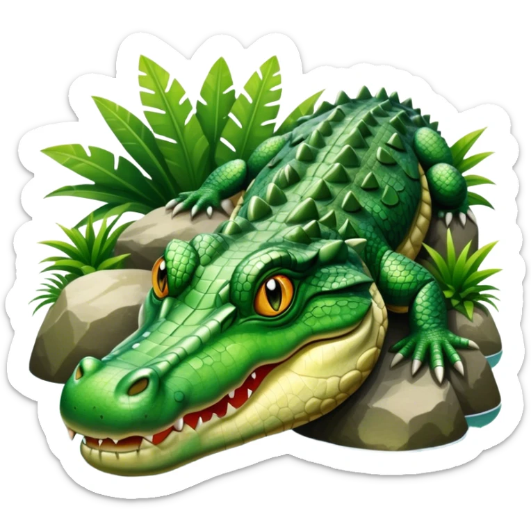 Crocodile resting, surrounded by rocks, water, and tropical plants. The green scales of the crocodile glisten under the light, with its sharp eyes focused ahead. The background features a naturalistic habitat with plants and water, giving it a lifelike feel. sticker
