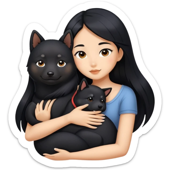 A beautiful girl with long black hair hugs a Black Shiba Lnu sticker