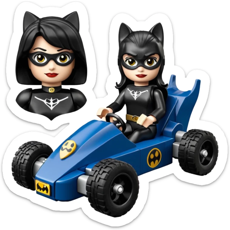 full size real-appearance road Lego racing sexy buxom CatWoman’s feminine midnight-colored tight outfit sixty’s tv show dark stealthy accurate sporty safe plush deluxe off-road pursuit drifting car jaguar (black hair,reclined and relaxed torso and shoulders back seating position) cross kart  sticker