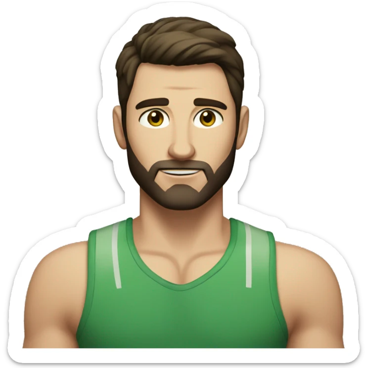 man, short dark brown straight hair, short beard, VERY LONG AND POINTY nose, white, green eyes, muscular, freckles sticker