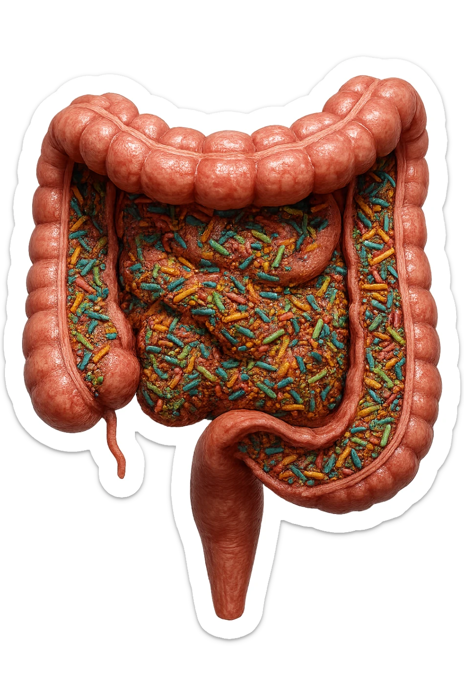 COLON DI UN INTESTINO UMANO ANATOMICO CON ALL'INTERNO PIENO DI BATTERI INTESTINALI, IPERREALISTICO 4K, NON DISEGNATO sticker