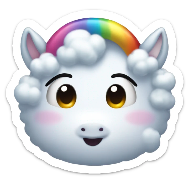 Design an emoji with a cute, cartoonish face, similar to iPhone emojis. Add a fluffy cloud, rainbow, and small unicorn above the head. Keep the style simple and colorful. sticker