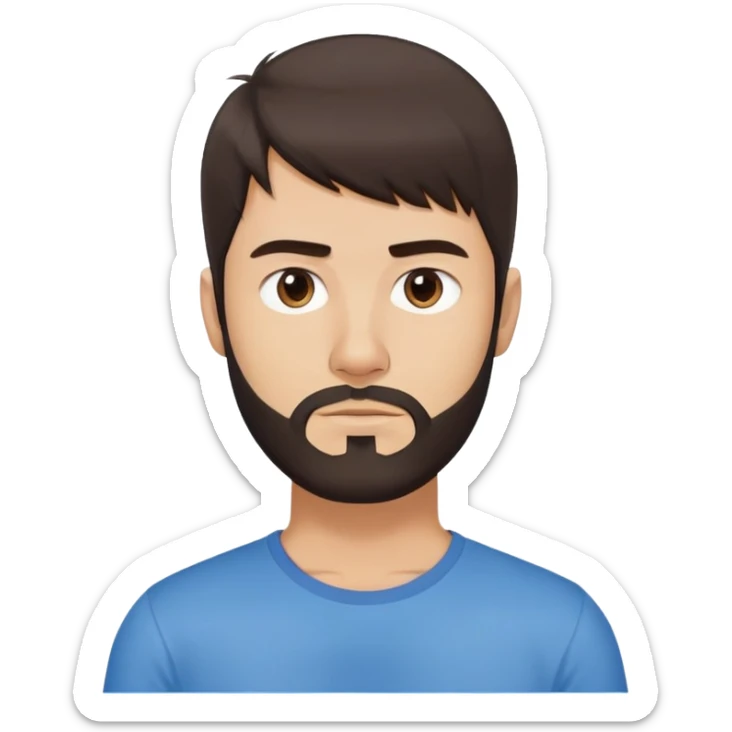 Argentine male with longer straight dark brown hair reaching shoulders, bangs, short complete beard, serious neutral face, wearing plain blue t-shirt sticker