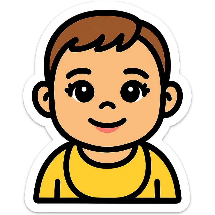 one year old baby with short brown hair, large brown eyes with eyelashes, brown eyebrows, pink lips, transparent background sticker