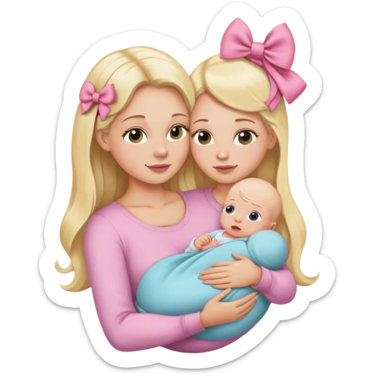 Blonde long hair mom with newborn baby girl bald wearing a hairbow sticker