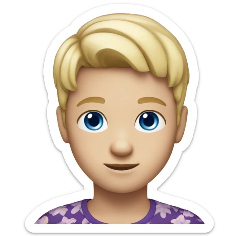 Kid with blue eyes and blonde hair wearing a purple flower shirt and is white skinned sticker